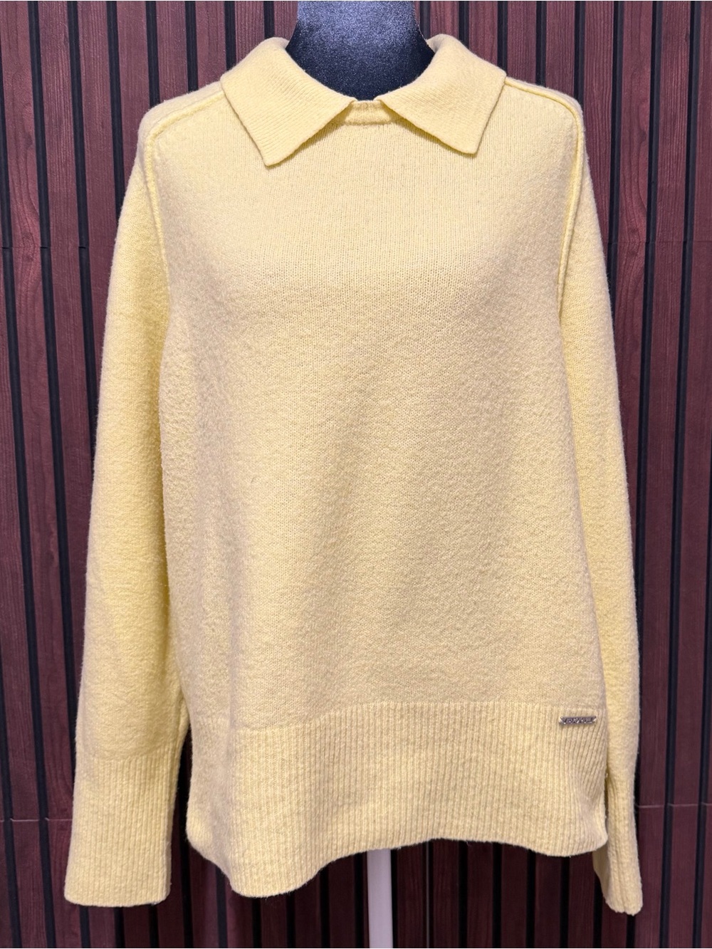 DKNY Jeans Turn Down Collar Knit Sweater in Limelight XL